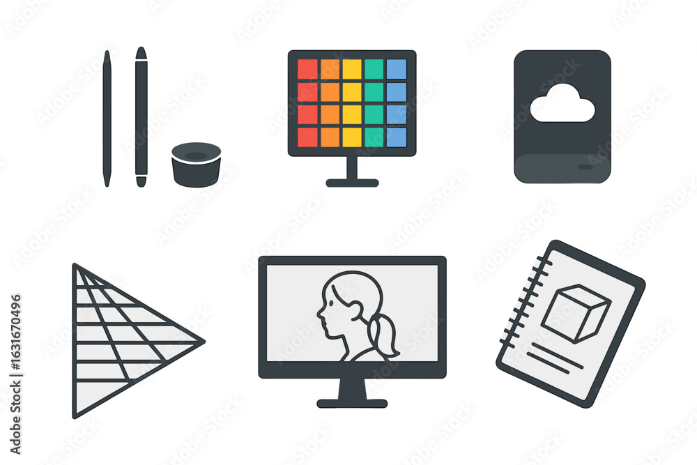 Poster creative workspace featuring design tools, a computer monitor with colorful graphics, and an art not