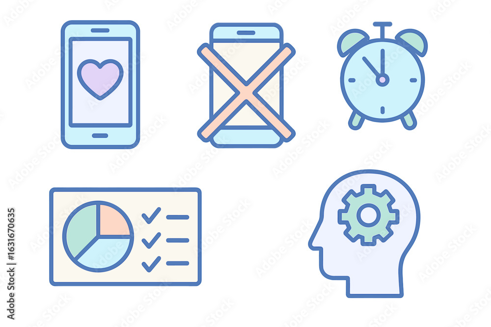 Poster mindfulness and time management concepts illustrated through digital icons and symbols representing 
