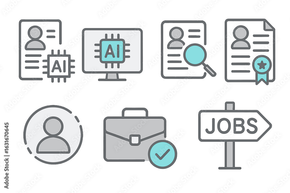 Poster digital job application process featuring ai technology and resumes in a modern tech setting
