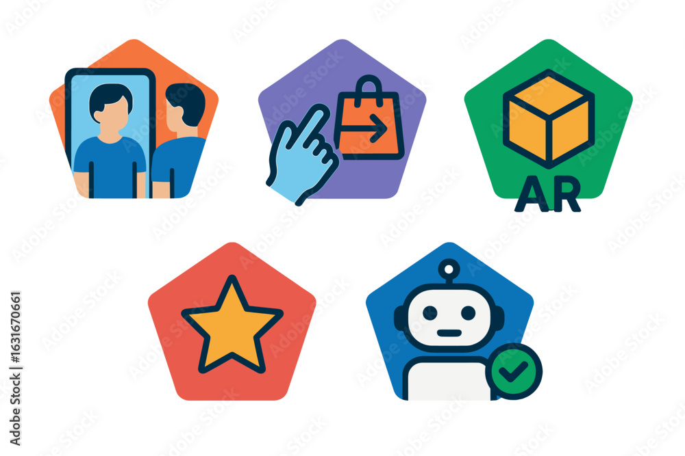 Poster digital interaction icons depicting augmented reality, e-commerce, and user feedback in a modern des