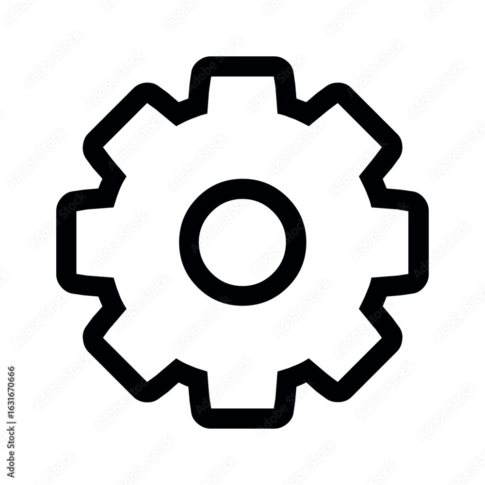 Aufkleber depiction of a gear icon with a circular center and multiple teeth in a simple black outline style