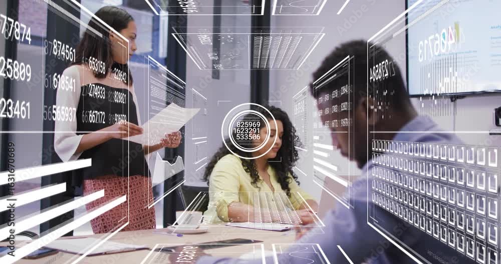 Poster presenter reading papers and activating business data overlay tracking listener during meeting