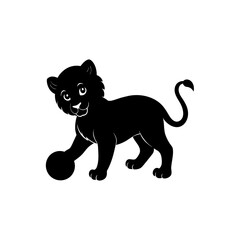 Obraz premium Silhouette of a lion cub playing with a ball, fully black, isolated on white background