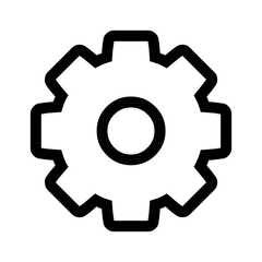Depiction of a gear icon with a circular center and multiple teeth in a simple black outline style