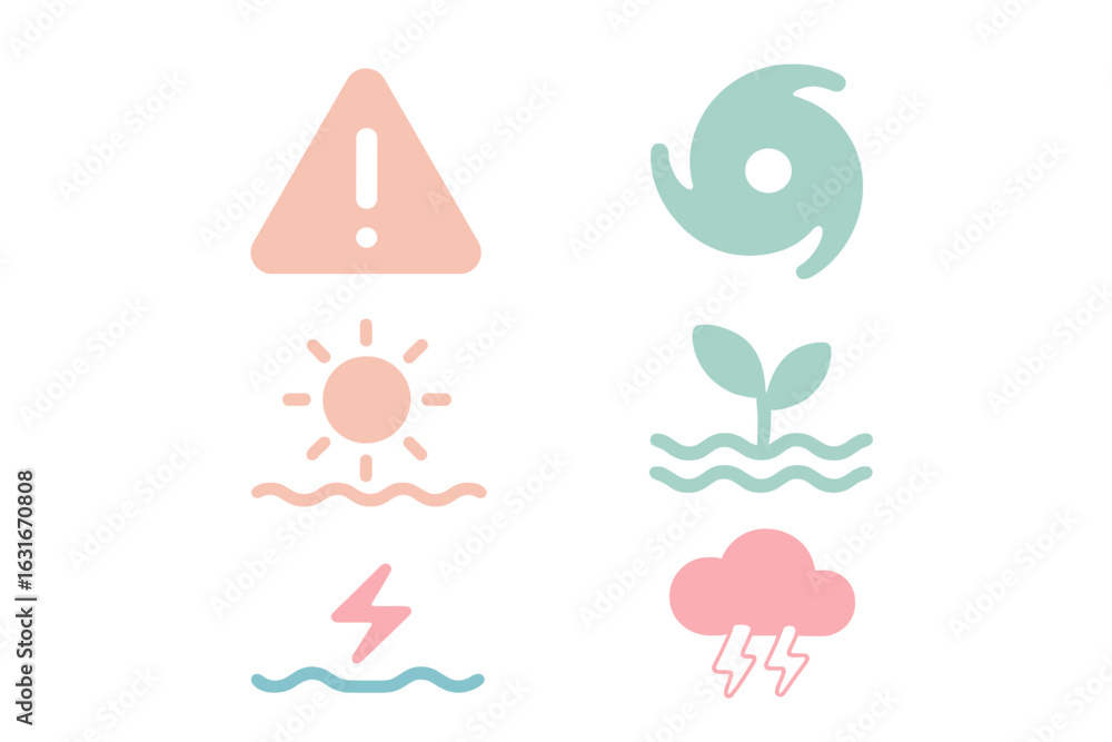 Poster weather symbols representing various meteorological phenomena and environmental conditions in a simp