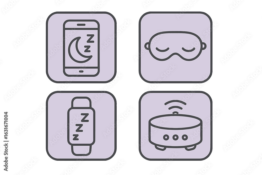 Aufkleber illustrative icons representing sleep tools and technology for improving rest and relaxation in mode