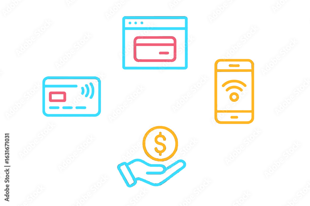 Poster digital payment methods highlighted in a colorful graphic display showcasing modern financial transa