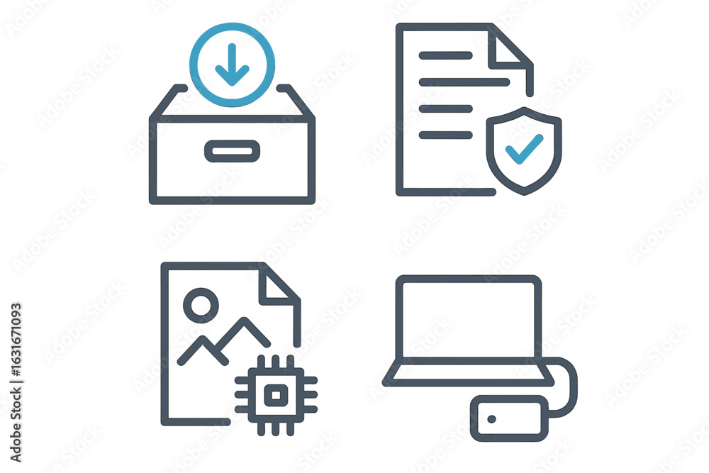 Aufkleber digital storage and file management symbols indicating downloading, security, and processing data