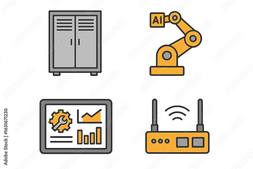 Poster innovative technology elements including ai robotics, data analytics, and communication systems show