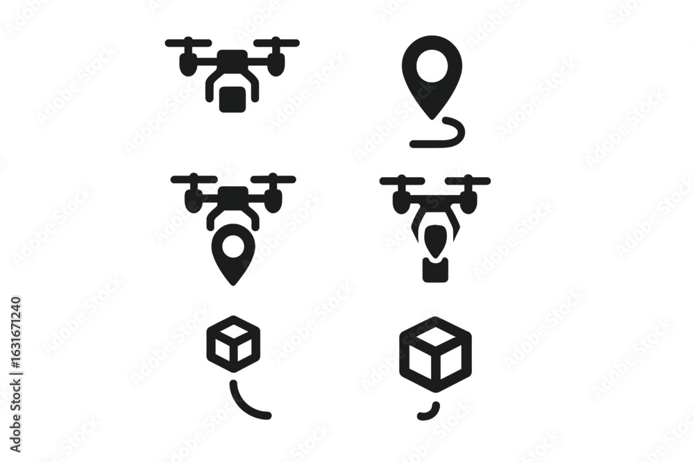 Poster drone delivery system icons representing location tracking and package transport functionality
