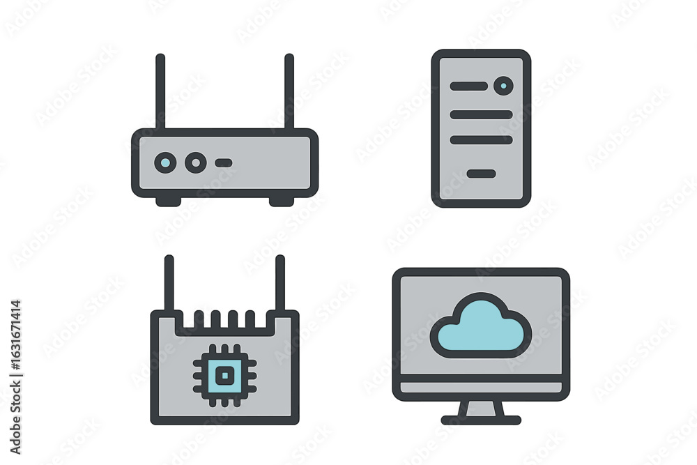 Poster network devices and cloud computing symbols for technology and connectivity