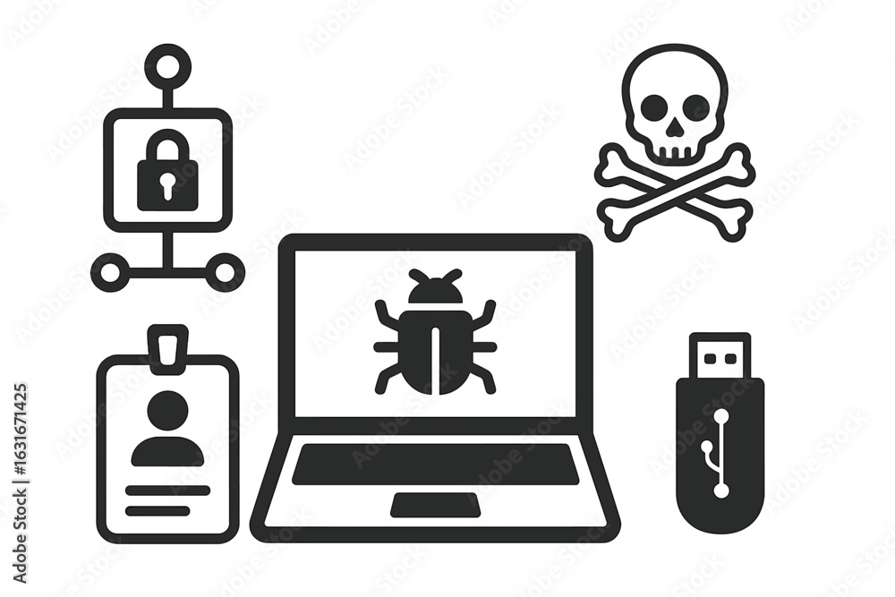 Poster digital security threats represented by malware, hacking symbols, and a laptop displaying a virus wi