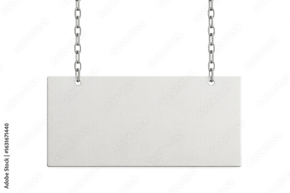 Poster blank rectangular signage dangling from metallic chains, providing customizable surface for messagin
