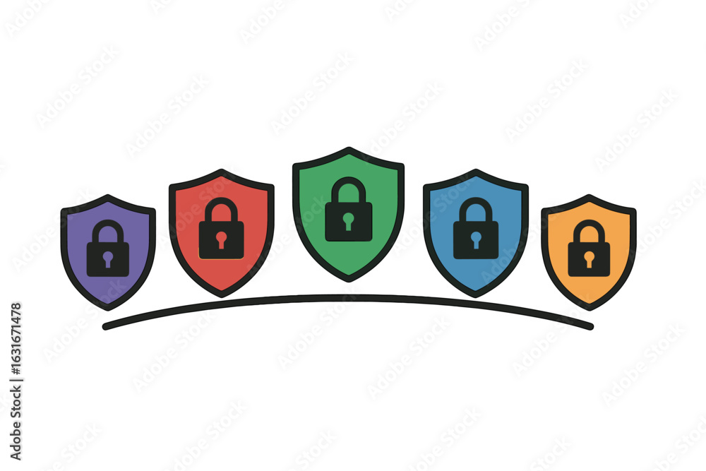 Poster colorful shields with padlocks representing security measures for various online services and data p