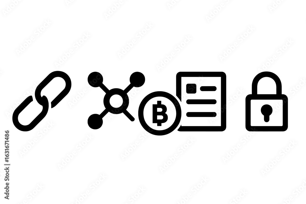 Poster icons representing blockchain technology, security, and cryptocurrency concepts in a simple design