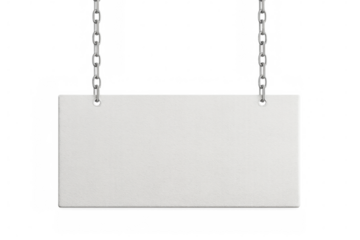 Blank rectangular signage dangling from metallic chains, providing customizable surface for messaging against transparent backdrop