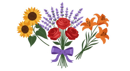 Naklejka premium Beautiful bouquet of sunflowers roses and lilies isolated on transparent background isolated on white background