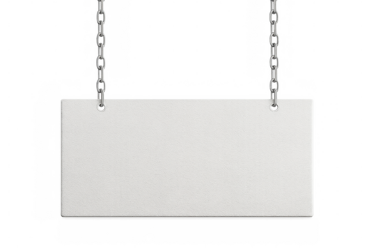 Blank rectangular signage dangling from metallic chains, providing customizable surface for messaging against transparent backdrop