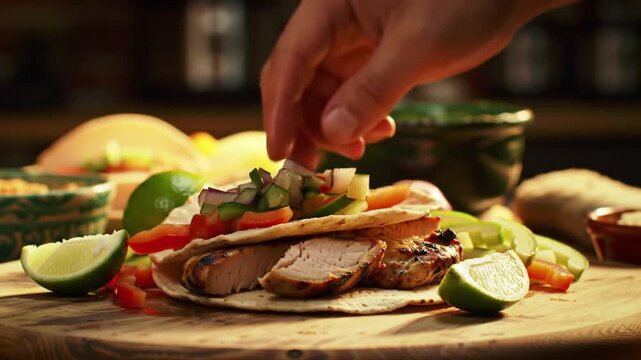 A hand assembling a chicken taco with lime and other toppings on a wooden cutting board surface