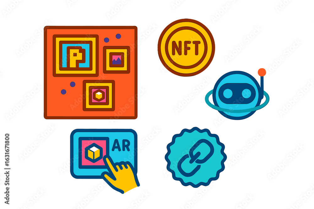Poster exploration of digital art concepts including nfts and augmented reality in a vibrant design setting