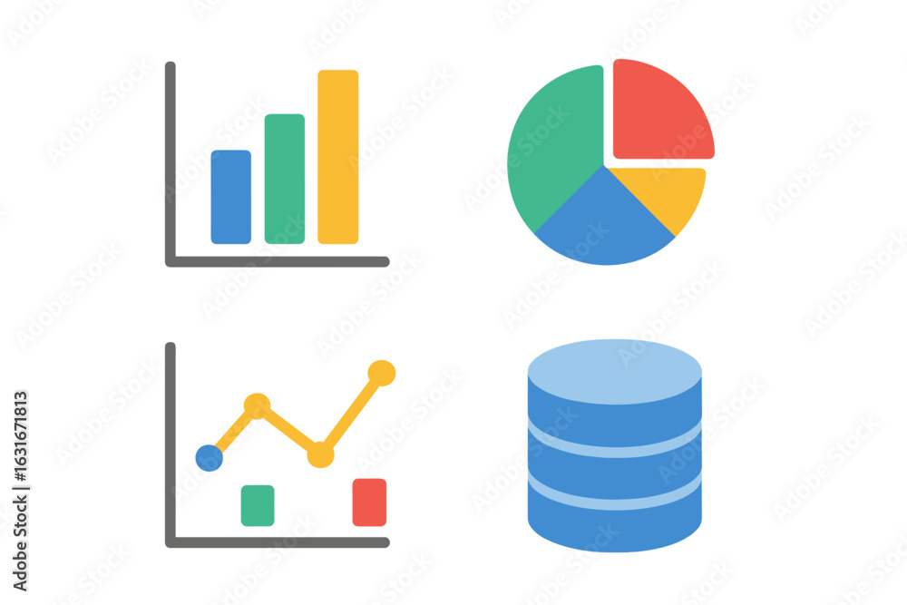 Poster data visualization tools display growth trends and statistics in vibrant colors