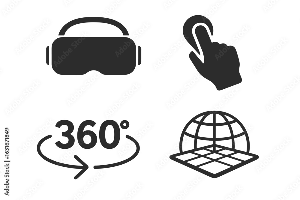 Aufkleber virtual reality elements showcasing a 360-degree experience with hand interaction