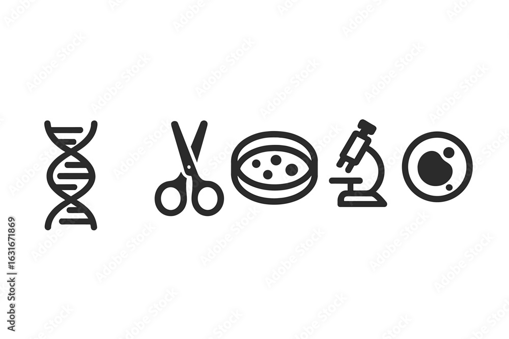 Poster tools and symbols representing modern genetics and biotechnology research in a laboratory setting