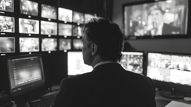 'Behind-the-scenes shot of a producer directing the broadcast from the studio gallery'