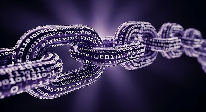 A digital chain with binary code patterns against a dark blurred background - Powered by Adobe