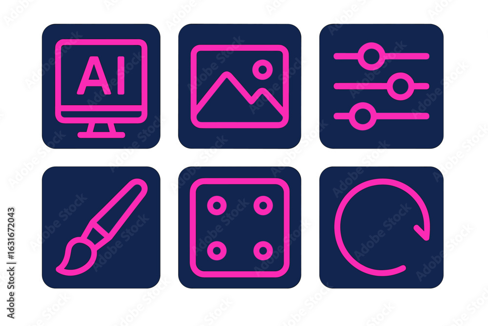 Poster design elements showcasing ai technology, image editing tools, and creative processes in a modern in