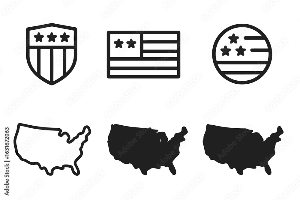 Poster graphic symbols representing national identity through flag and map designs in monochrome style