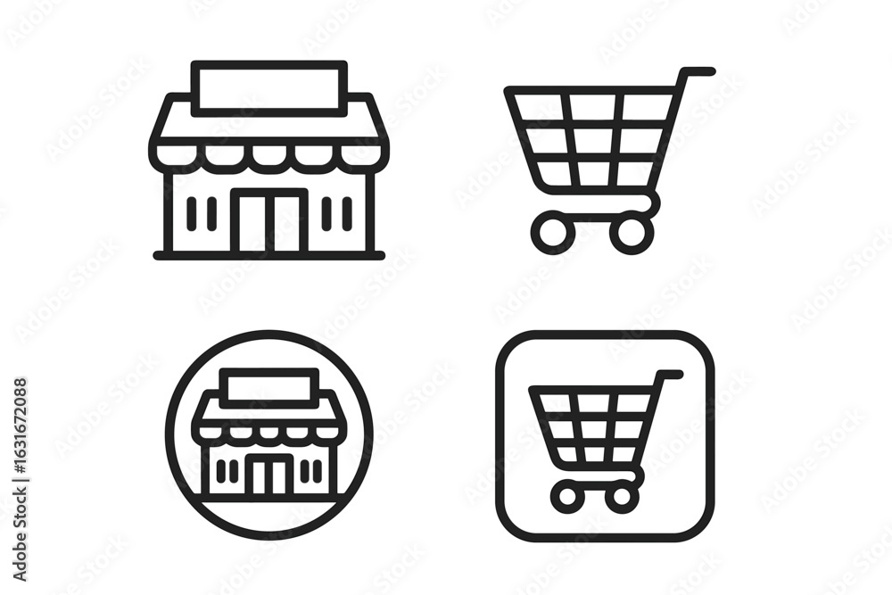 Poster shopping icons representing various store and cart designs in a clean, minimalistic style