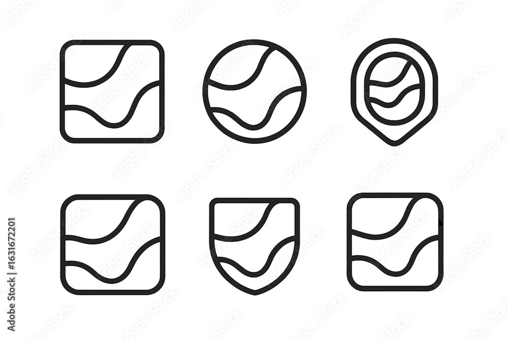 Poster various line art logos showcasing abstract wave designs in different shapes and formats