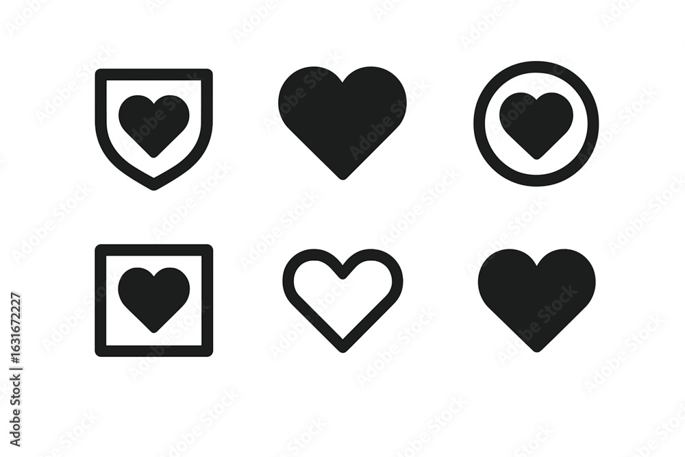 Poster various heart icons displayed in different shapes and outlines on a white background showcasing symb