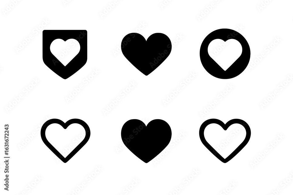 Poster different styles of heart symbols on a simple background showing various shapes and designs