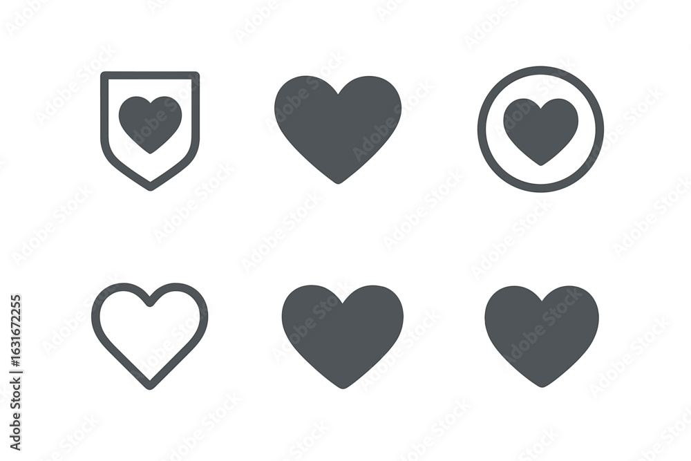 Poster various heart symbols displayed in different styles, emphasizing love and affection in graphic desig