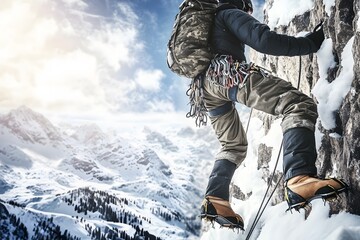 Adventurous person climbing steep snowy mountain face with extreme determination