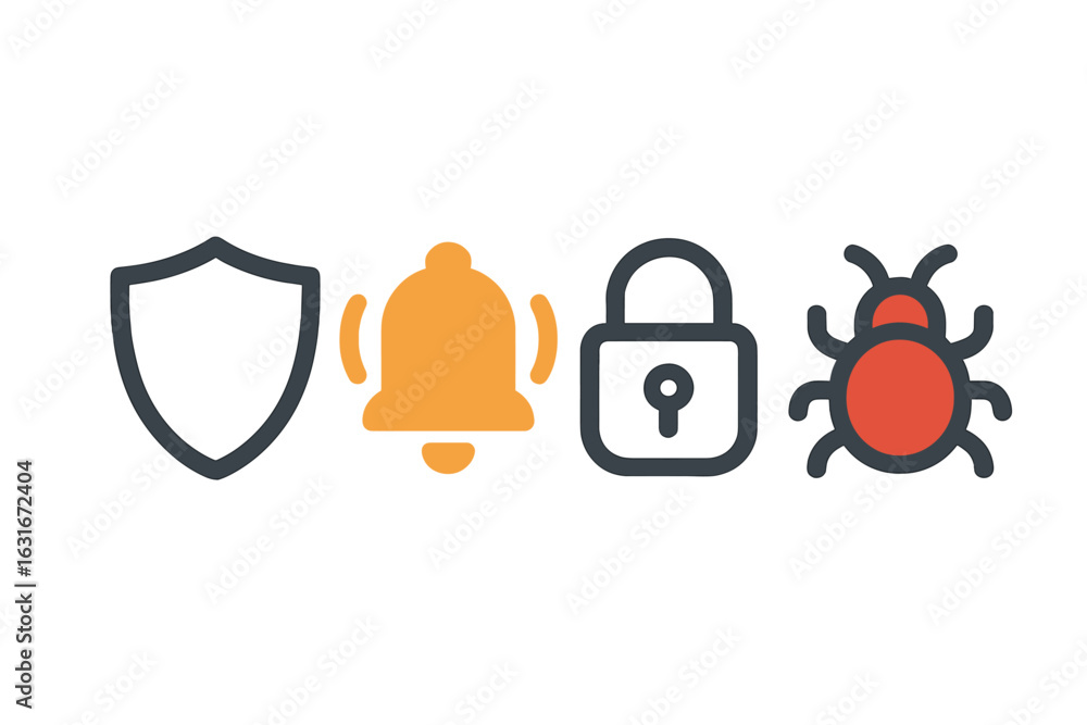 Poster security icons representing protection, alert notifications, secure locks, and malware threats in te