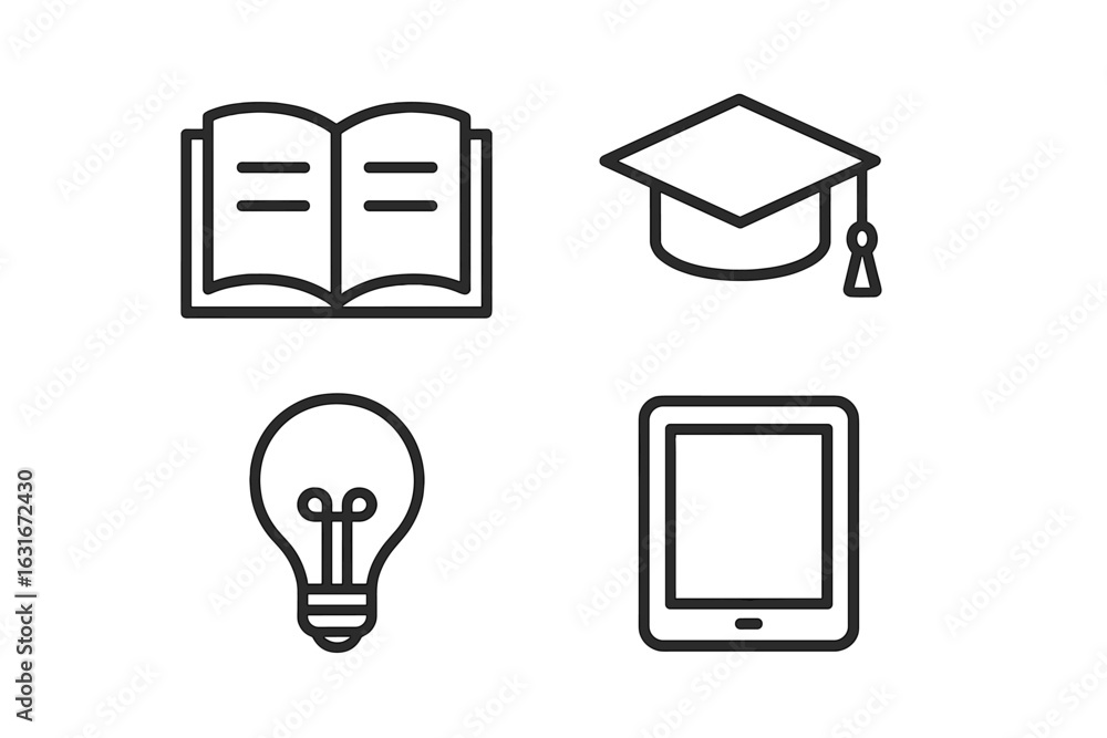Poster educational symbols representing learning and technology with a focus on knowledge and digital tools
