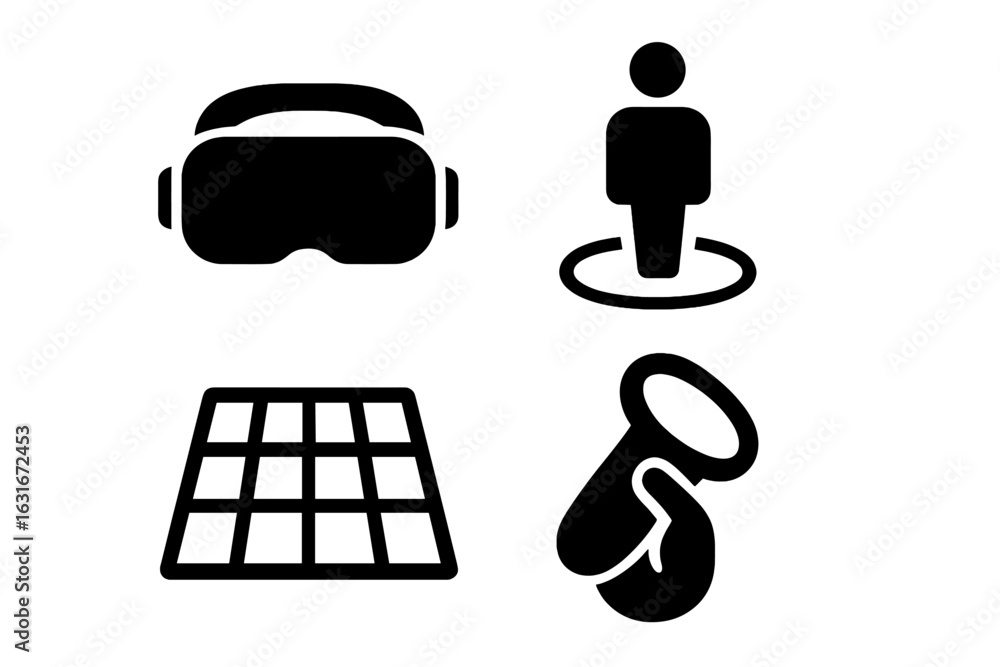 Poster virtual reality experience setup featuring headset, user, floor grid, and hand controller in interac