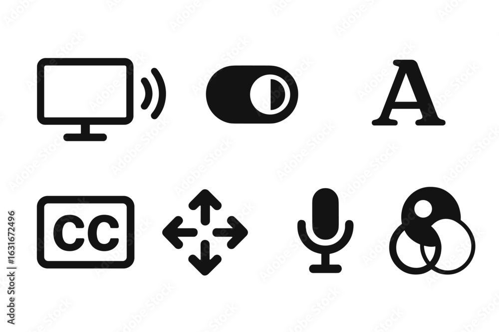 Poster icons representing various multimedia controls and options commonly found in digital platforms