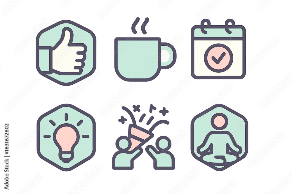 Poster showcasing icons representing productivity and well-being through daily routines and activities in a