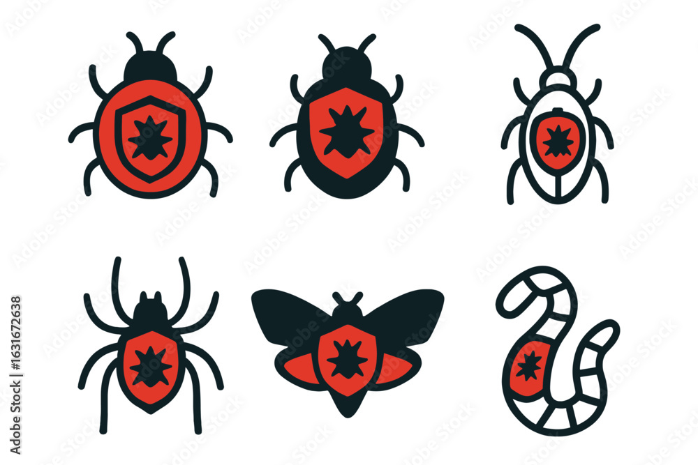 Poster illustrations of various bugs and insects with distinct red and black shield designs depicting uniqu
