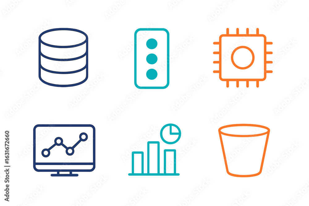 Poster icons representing data management, traffic control, and analytics tools in a modern digital context