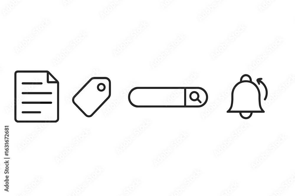Poster minimalist icons representing tasks, labels, search functions, and notifications in a modern digital