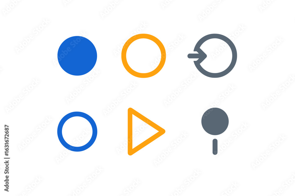 Poster set of colorful geometric shapes featuring circles, a triangle, and an arrow symbol in a minimalisti