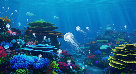 A magical underwater seascape illustration showing a school of glowing jellyfish swimming through a vibrant and colorful coral reef.