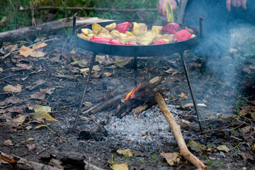 Cooking vegetables on the fire in the forest in autumn. Selective focus