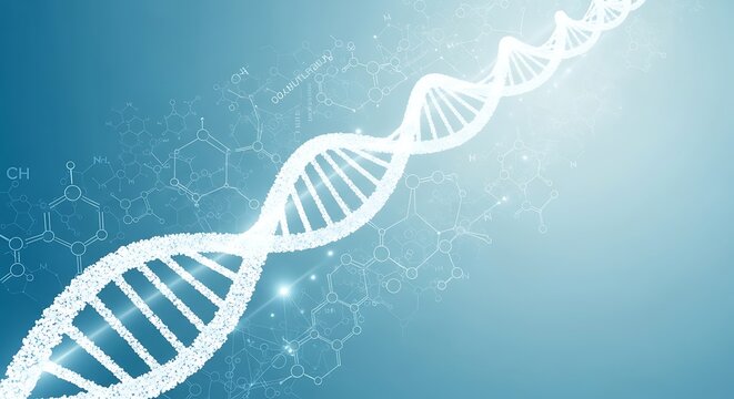 A glowing white DNA strand against a blue background with chemical formulas
