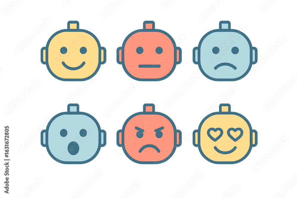 Poster collection of cartoon robot faces displaying various emotions in a playful and colorful style